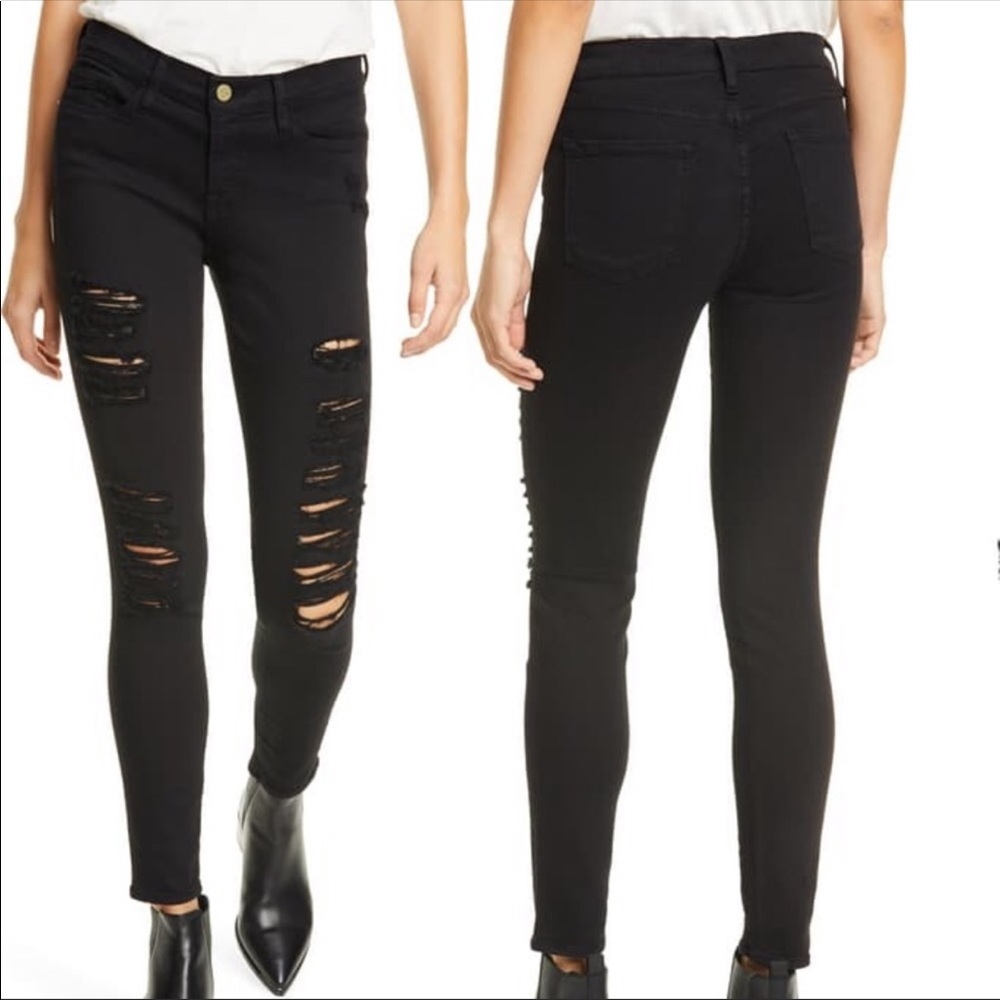 Frame Le Skinny de Jeanne distressed black jeans